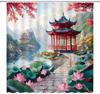 Chinese Garden Shower Curtain Japanese Lotus Floral Asian Cherry Blossom Oriental Mountain Ink Paintings Courtyard Pavilion