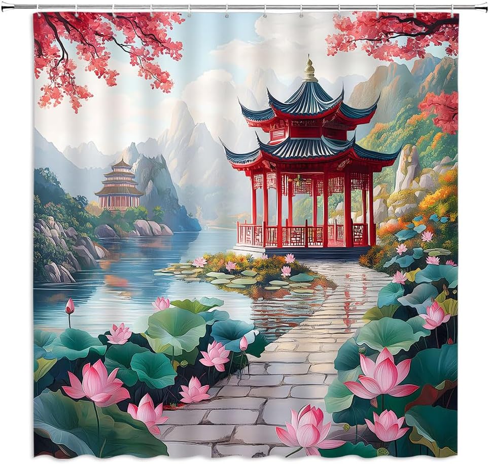 Chinese Garden Shower Curtain Japanese Lotus Floral Asian Cherry Blossom Oriental Mountain Ink Paintings Courtyard Pavilion
