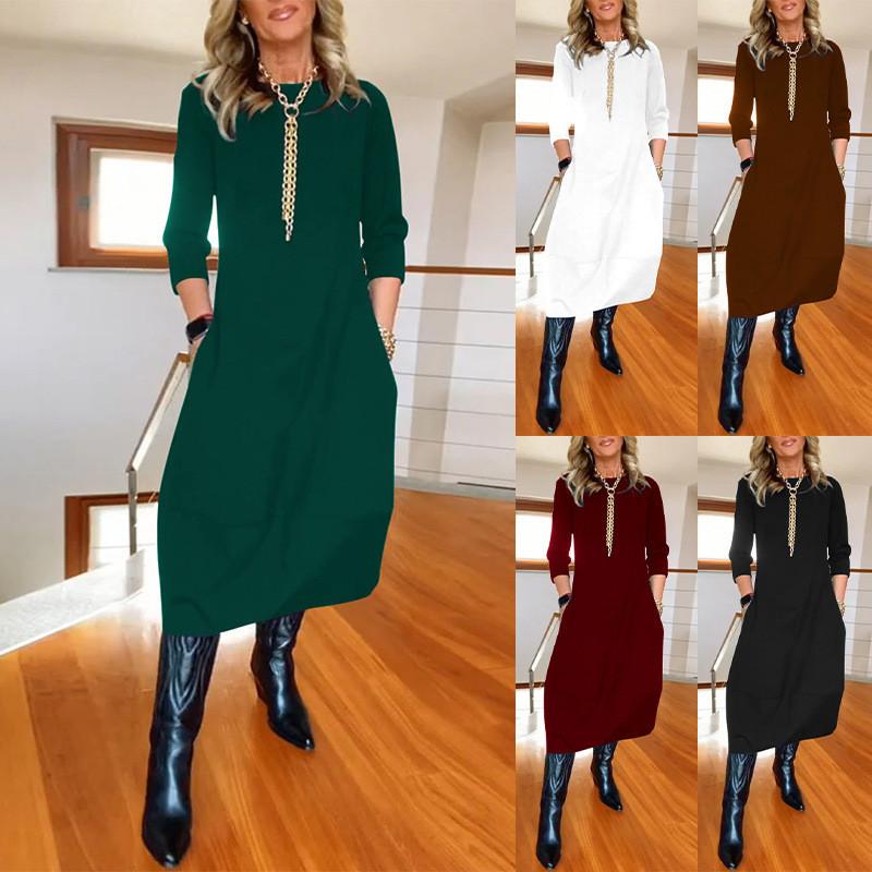 Basic Solid Color Long Sleeve Dress For Work And Casual Wear With High Waist For Winter
