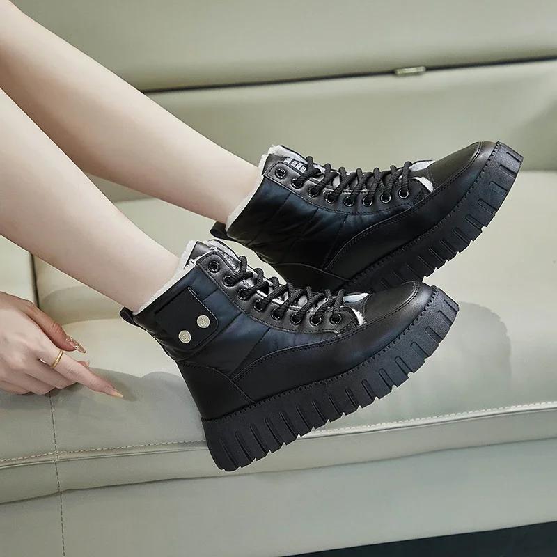 Mode 2024 Hochwertige Damen Schuhe Schnürstiefel Damen Winter Runde Zehenpartie Plüschfleece für Wärme Uni Kurzer Schaft Plateau Stiefel