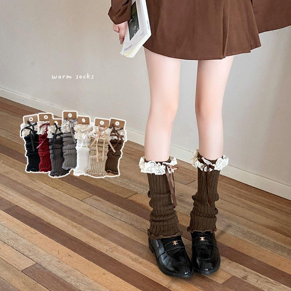 

Acrylic Sock Covers Lace Bow Long Stockings NEW Lace Stacked Socks Spring and Autumn сірий