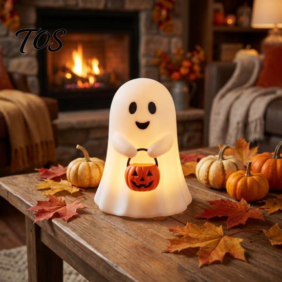 Indoor Outdoor Halloween Accents Cute Ghost Holding Pumpkin Bucket Table Lamp, Spooky Bedside Decorative Figurine for Party Small LED Night