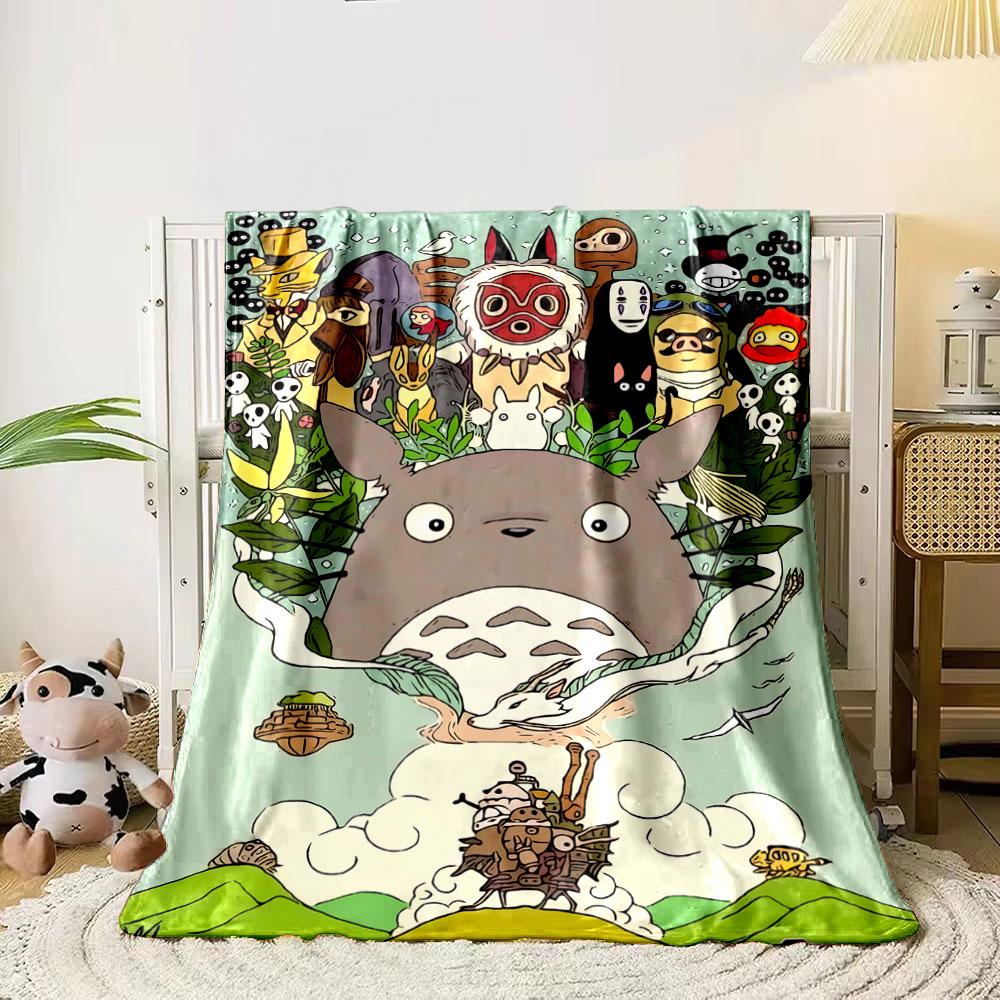 A dense collage of animated characters framed with nature-themed elements. for all seasons blanket lunch break throw gift 80cm x 120cm