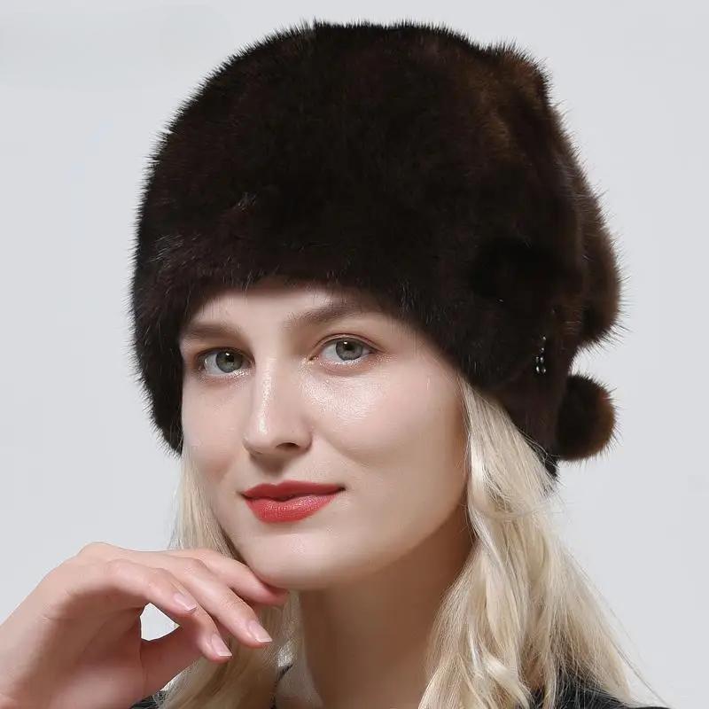 Warm New Genuine Mink Fur Hat With 3 Tails Elegant Women Luxury Full Pelt Lady Fur Hat Balls Warm Snow Caps Diamond Outdoor Hat