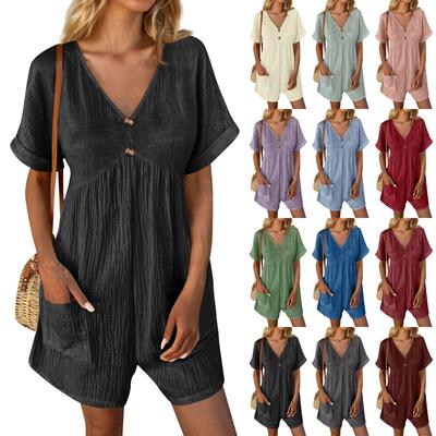 Women's Casual V-Neck Short Sleeve With Pockets Comfort Jumpsuit Shorts