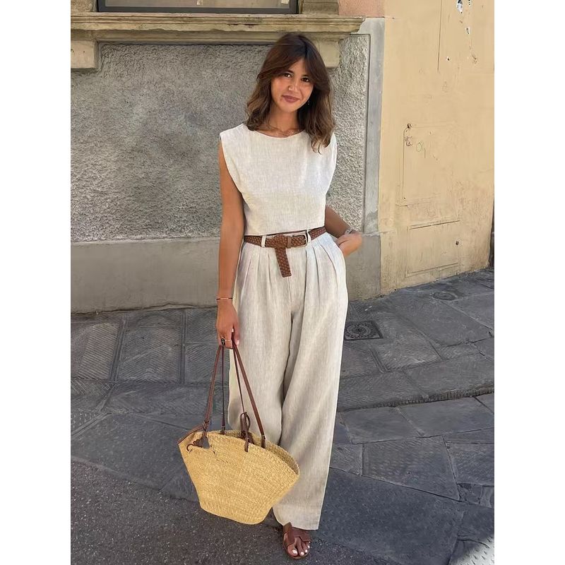 

Western Style New Fashion Sleeveless Vest Wide Leg Pants Set Tank Top Wide Leg Pants Set Apricot S