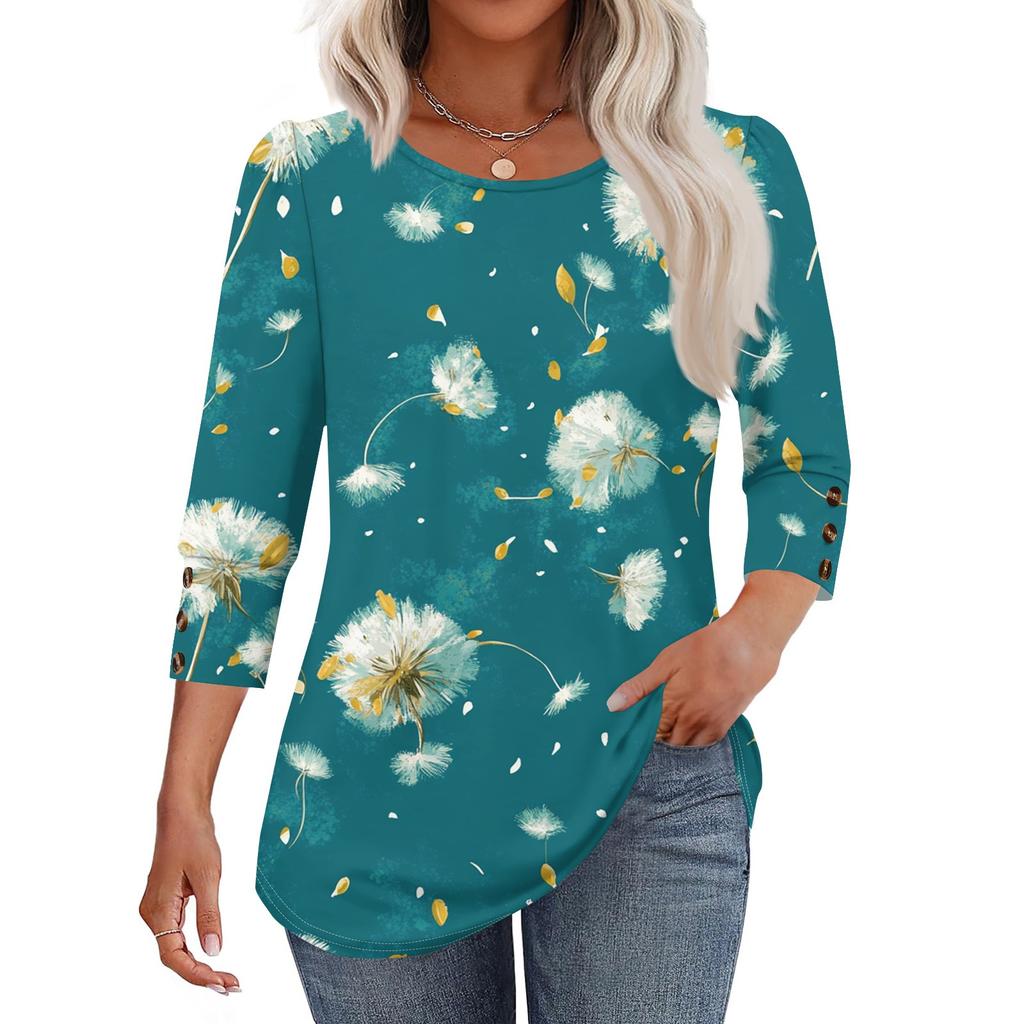 Women's Fashion Casual Floral Print Round Neck T-shirt Top With Seven Cuff Sleeves