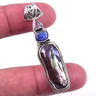 Natürliche Biwa-Perle,Kyanit Edelstein 925 Massiver Sterling Silber Anhänger 2'' s5O12