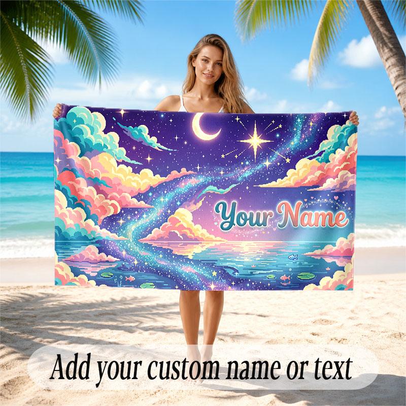 Space Cosmic Theme Soft Beach Towel Personalized Custom Name Text Towel Portable for Beach Pool Travel