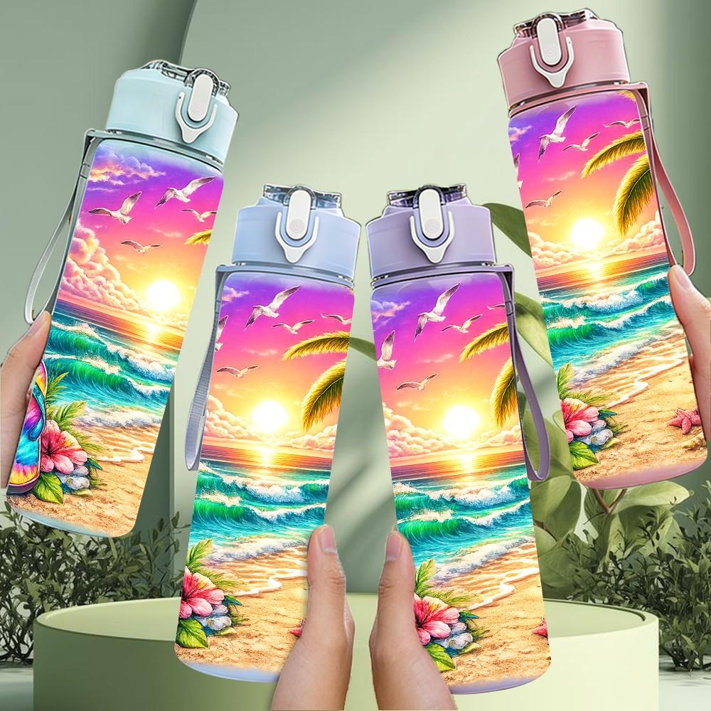 1PC Palm Tree Beach Sunset Print 750ml Color Plastic Sports Water Bottle Leakproof Flip Straw Lid Suitable for Sports Office Home Use