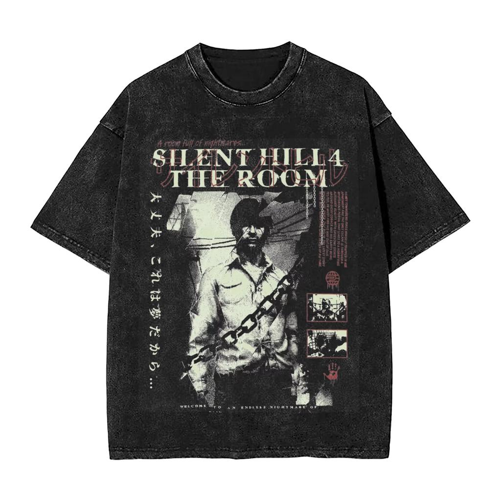 Washed T Shirts Horror Silent Hill Heavens Night T-Shirt Street Streetwear Short Sleeve Printed Tops Tees Men Women
