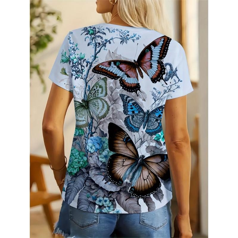 Ladies' Casual Butterfly Print T-shirt 3D Printed Short Sleeved Top Fashionable Round Neck T-shirt
