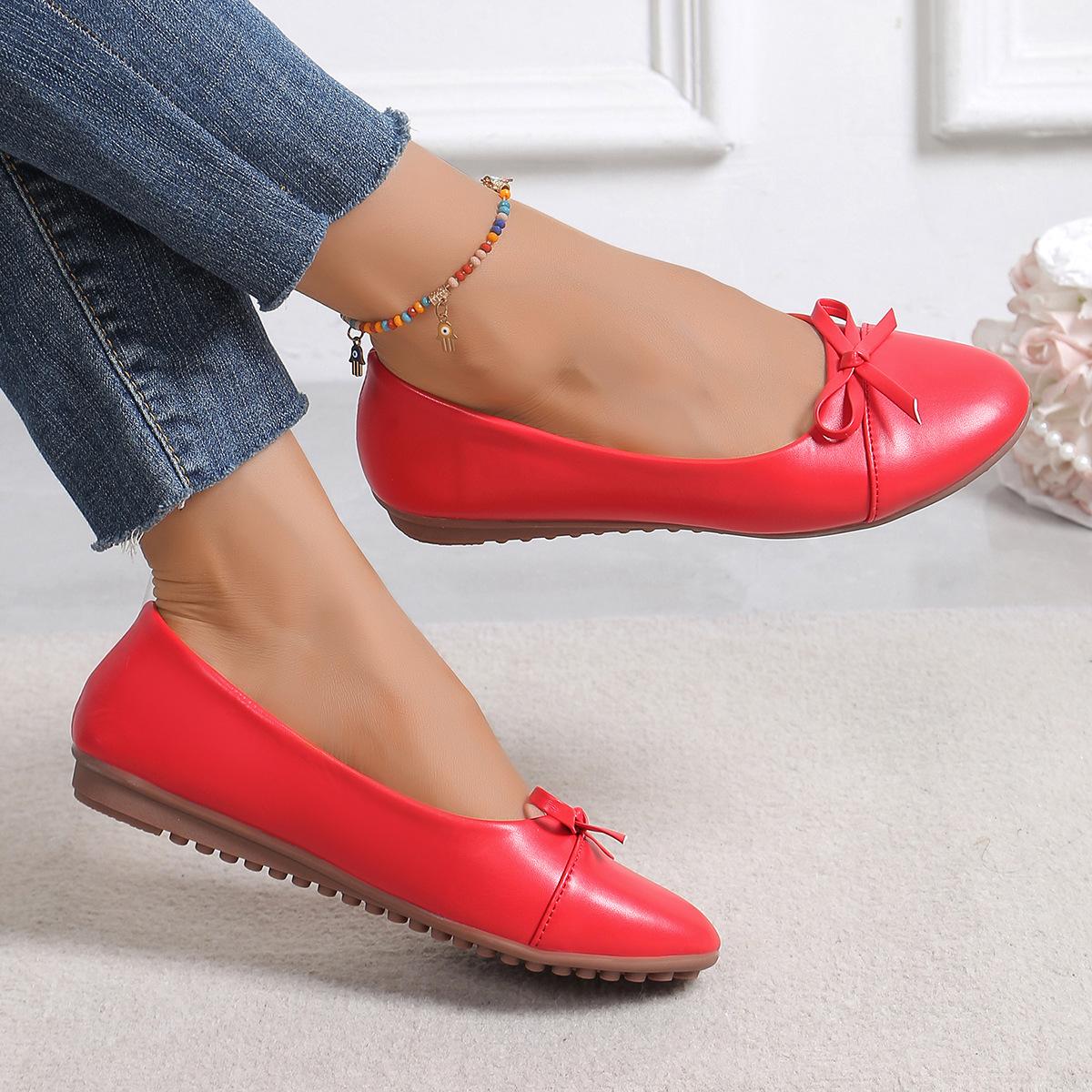 

Жіночі плоскі туфлі-одиначки 2024 осінь новинка корейська версія круглий носок закриті балетки з бантом великий розмір з неглибоким вирізом повсякденні жіночі 42 червоний