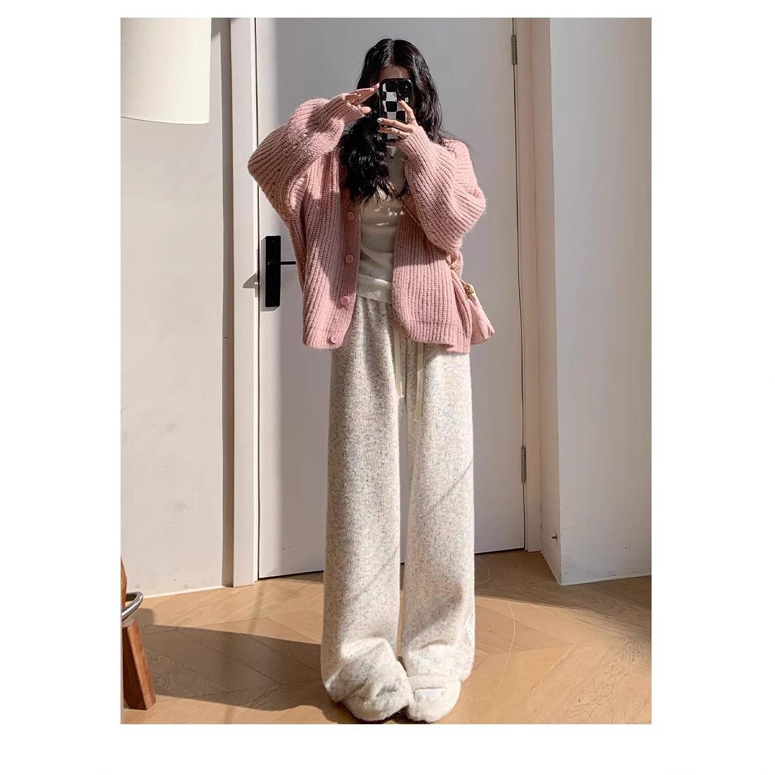 

Women s Fleece-Lined High Waist Wide Leg Knit Pants - Soft Glutinous Rice, Rainbow Petite, Autumn Winter Cozy Wear S (recommended 80-95 pounds)