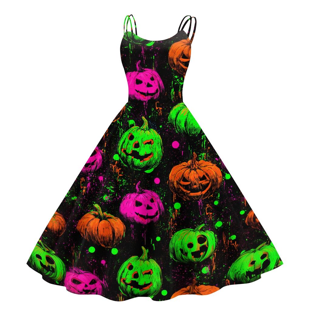 Women's Halloween Print Off Shoulder Dress Punk Vintage Style Sleeveless Spaghetti Strap Dress with Flared Skirt for Costume Party