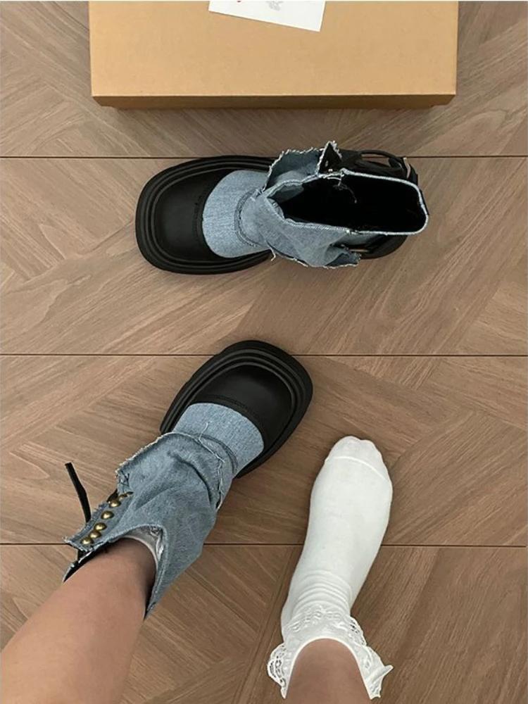 Fashion Platform Studded Denim Mid Calf Shoes Woman Cowboy Round Toe Cowgirl Half High Boots for Women New In Fashion 2024 Work Footwear