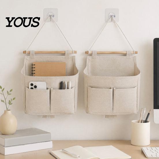 Dorm Room Essentials for Students Wall Hanging Storage Bag with 3 Pockets, Cotton And Linen Waterproof Organizer Bedroom Pouch, Over The Door