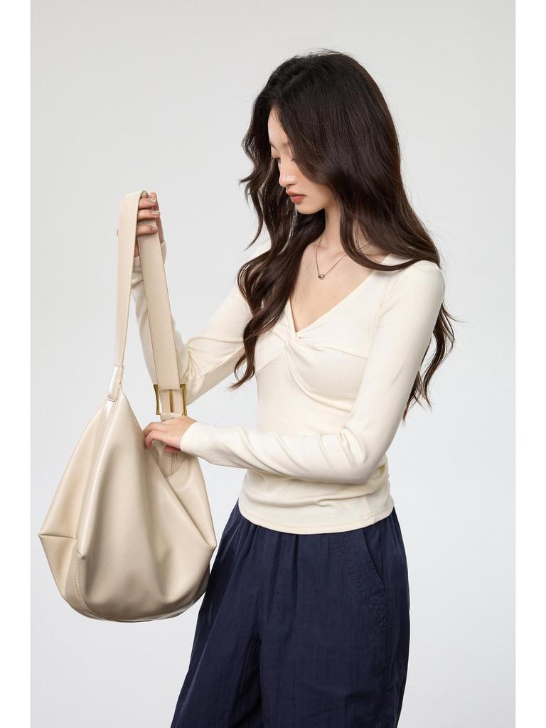 Yuke Seide Tief V-Ausschnitt Twist Langarm T-Shirt – Damen Herbstrot Top