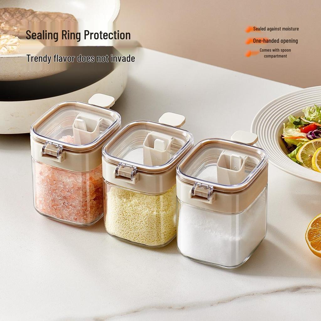 Moisture-Proof Glass Seasoning Jar Set with Spoon and Salt Separation