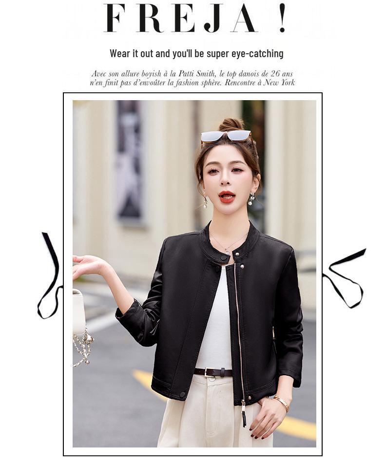 2025 Spring Women's Stand Collar PU Leather Short Jacket - Petite Casual Style Z88096