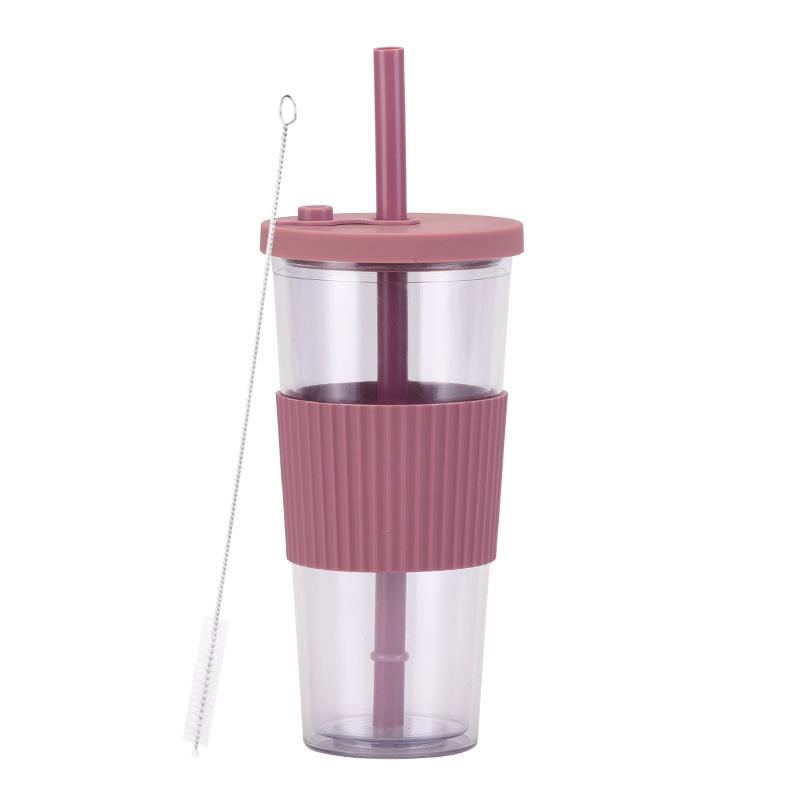 2025 Large Capacity Double Layer Plastic Cup Large Hole Straw Pearl Boba Milk Tea Cup Portable Outdoor Straw Cup