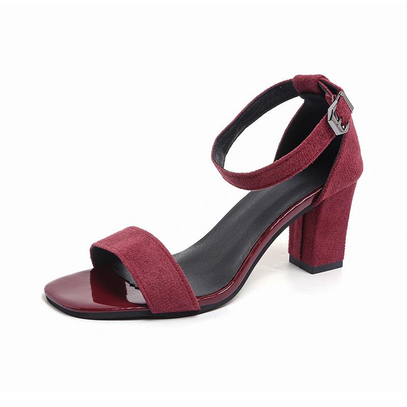 Elegant Suede Thick-Heeled One-Strap Sandals for Women: Versatile Black and Red, 2026 Summer Collection