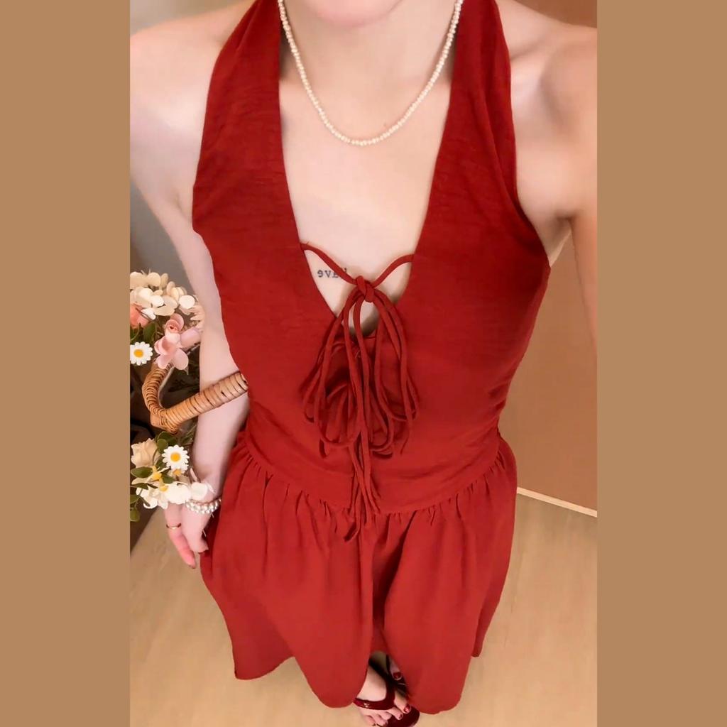 French holiday style red halter sexy sleeveless suspender dress spring and summer thin fairy waist long dress new