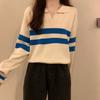 Polo Collar Black Striped Knitted Sweater Women's Outer Wear Design Sense Chic High Sense Casual Inside