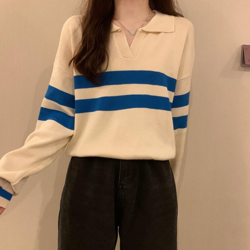 Polo collar black striped knitted sweater women's outer wear design sense chic high sense casual inside