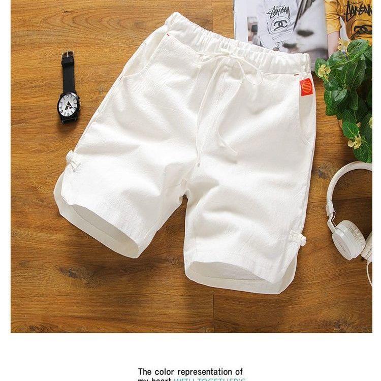 Men's White Linen Ethnic-Style Three-Quarter Summer Shorts