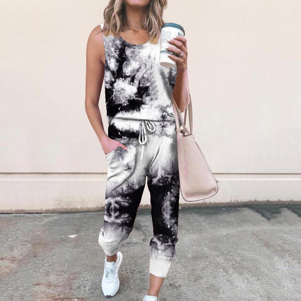 Women Non-Positioning Round Neck Tie-Dye Casual Sleeveless Vest Sports Suit