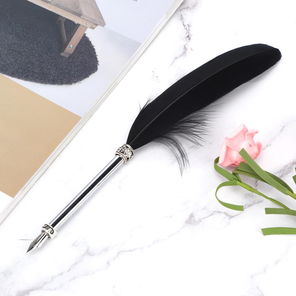 Stainless Steel Black Feather Dip Pen Vintage Fountain Pen for Business Office Birthday Gifts