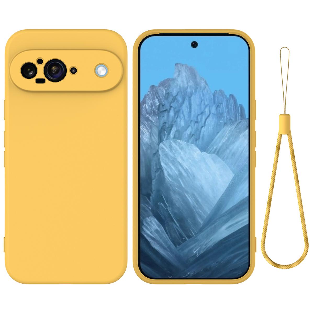

For Google Pixel 9 Case Liquid Silicone Shockproof Phone Cover with Hand Strap Yellow