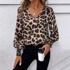 Damen S V-Ausschnitt Leopardenmuster Locker Langarm Freizeitbluse