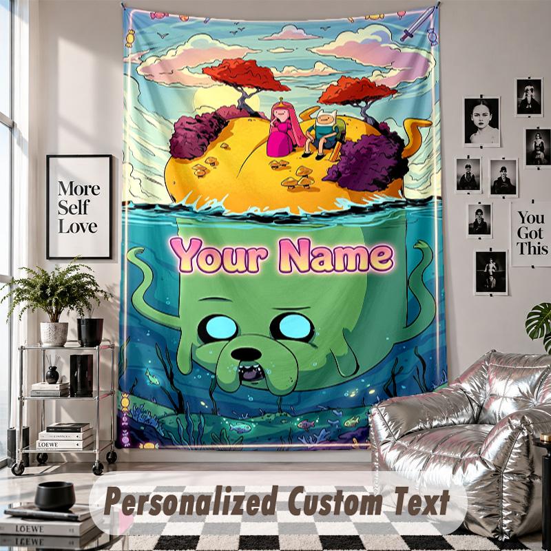 Wall Hanging Tapestry With Custom Name & Text, Adventure Time cartoon Decorative Tapestry For Bedroom