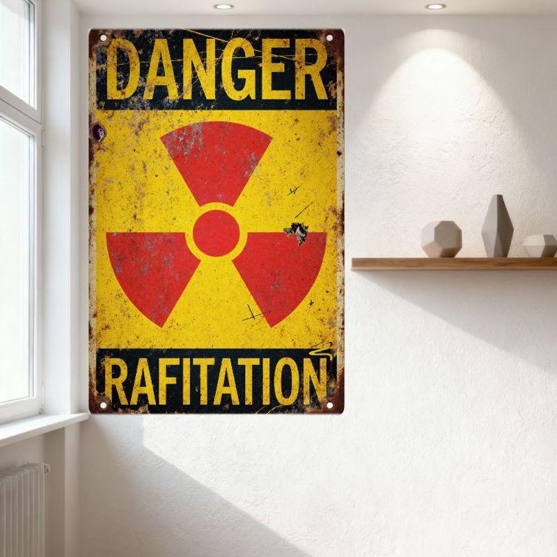 Vintage Danger Radiation Metal Tin Sign, Weathered Aged Warning Plaque with Radiation Symbol, Rusty Decor for Man Cave Bar Home