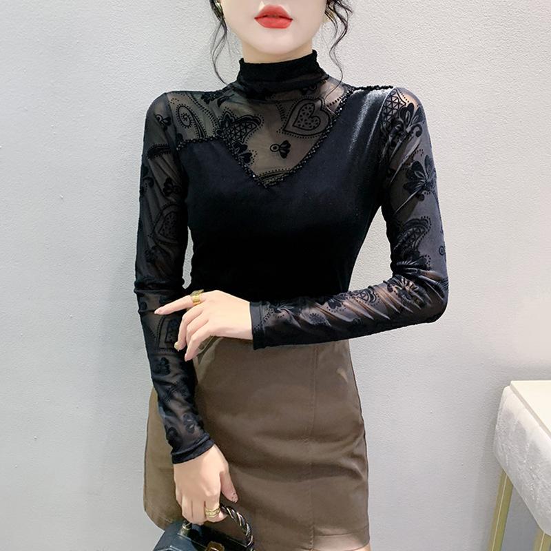 Half Turtleneck Base Blouse for Women with Long-sleeved T-shirt In The Winter Sexy Mesh Heavy Beaded Top