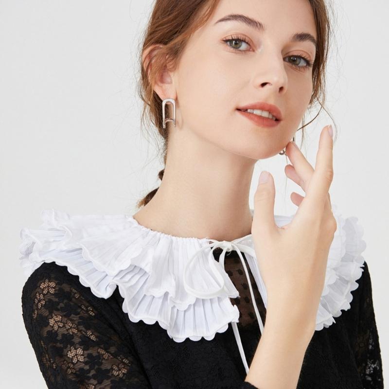 Korean Style Women Double Layer Pleated False Collar Shawl Scalloped Lace Trim White Half Shirt Lace-Up Poncho Capelet