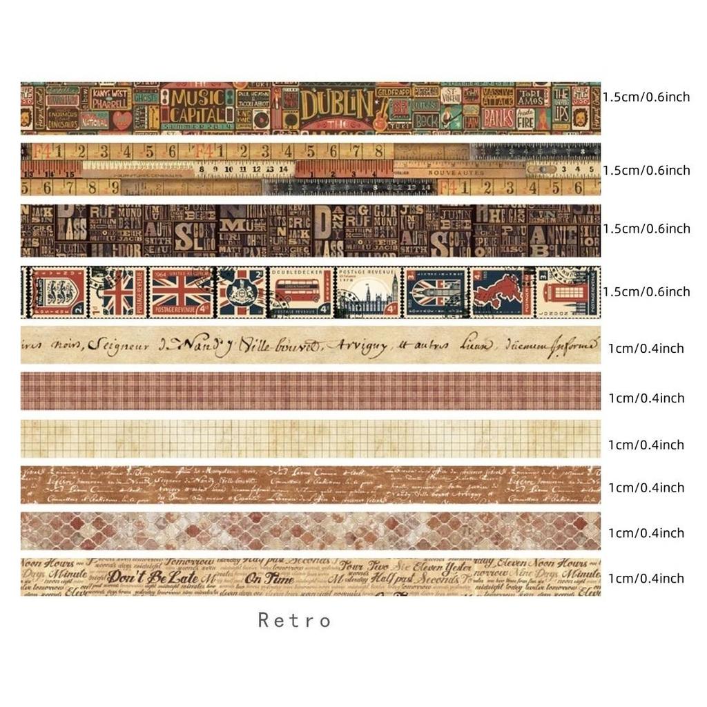 Juego de 10 cintas washi de 15 mm y 10 mm con diseño retro de cuadrícula y bonitos adhesivos decorativos