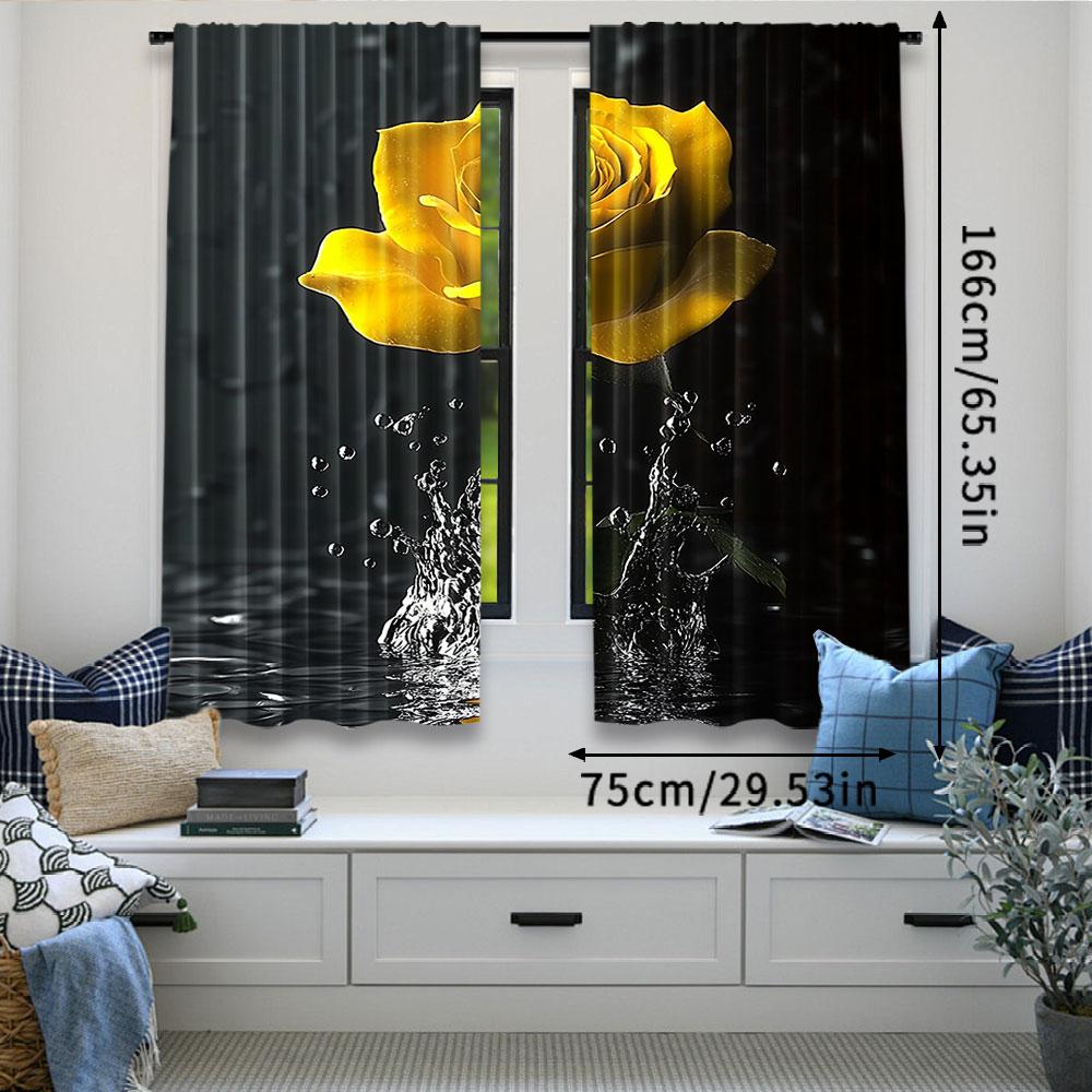 2Pcs Floral Curtain Yellow Roses In Water Black Curtain Modern Flowers Floral For Bedroom Living Room And Dining Room B
