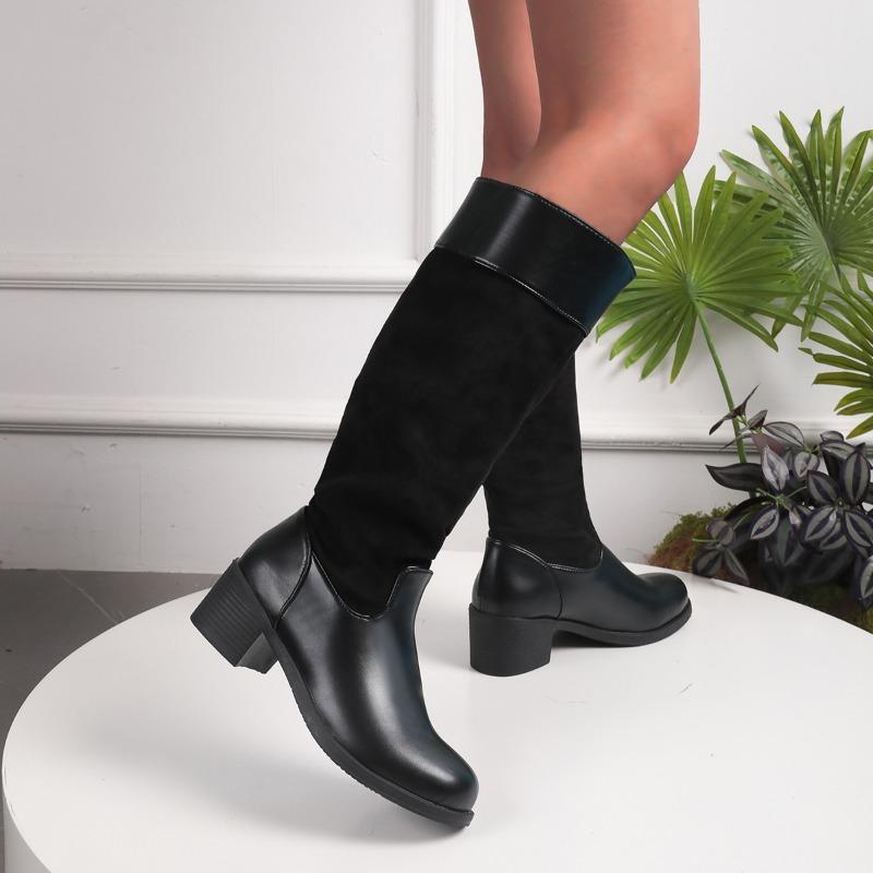 Four Seasons High Boots New Round Toe Spliced Sleeve Platform Non-slip Wear-resistant Block Heel Shoes