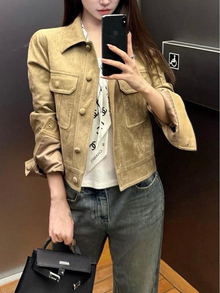 London Old Dream Vintage Khaki Wildleder Damen Herbst Arbeitsjacke, Kurz & Vielseitig