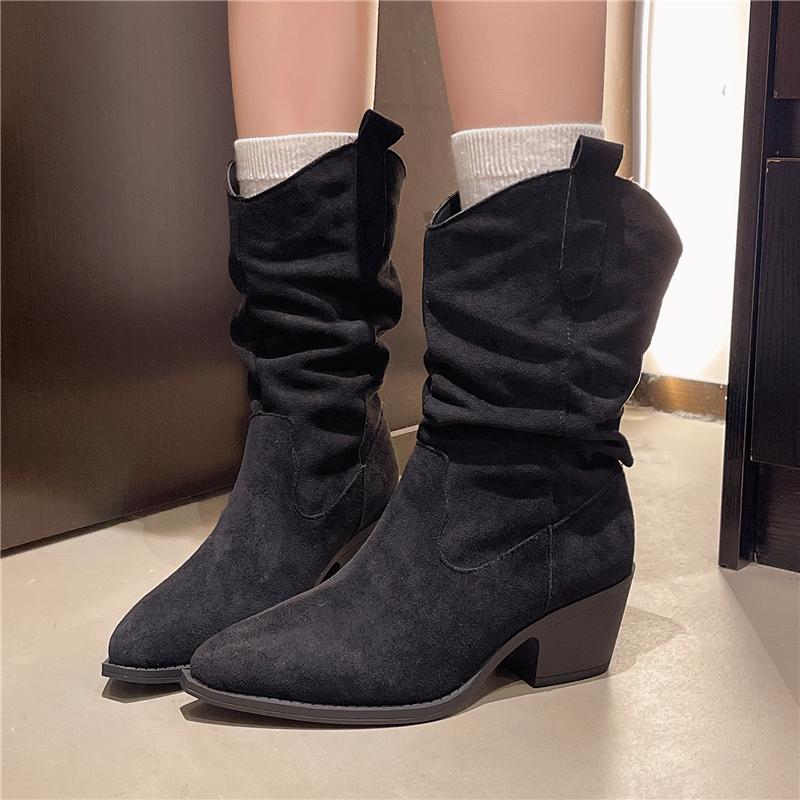 New Style Fashion Women's Mid-calf Boots Women Winter Ethnic Rivet Tassel Boots Woman Suede Pointed Thick Heel Shoes Boots
