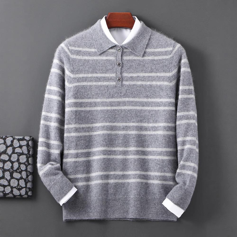 Men's 100% Wool Color Block Stripe Polo Collar Sweater, Autumn/Winter Collection