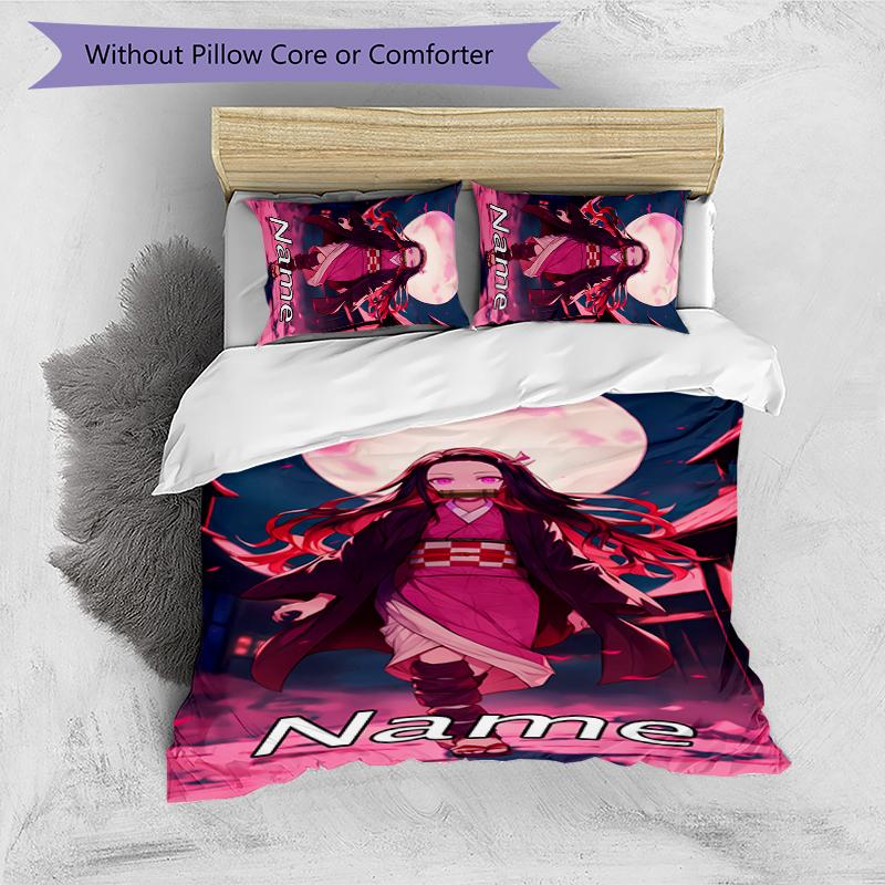 3pcs Custom Name Demon Slayer Nezuko Bedding Set Duvet Cover Closure Includes 1 Duvet Cover & 2 Pillowcases for All Seasons Bedroom Decor