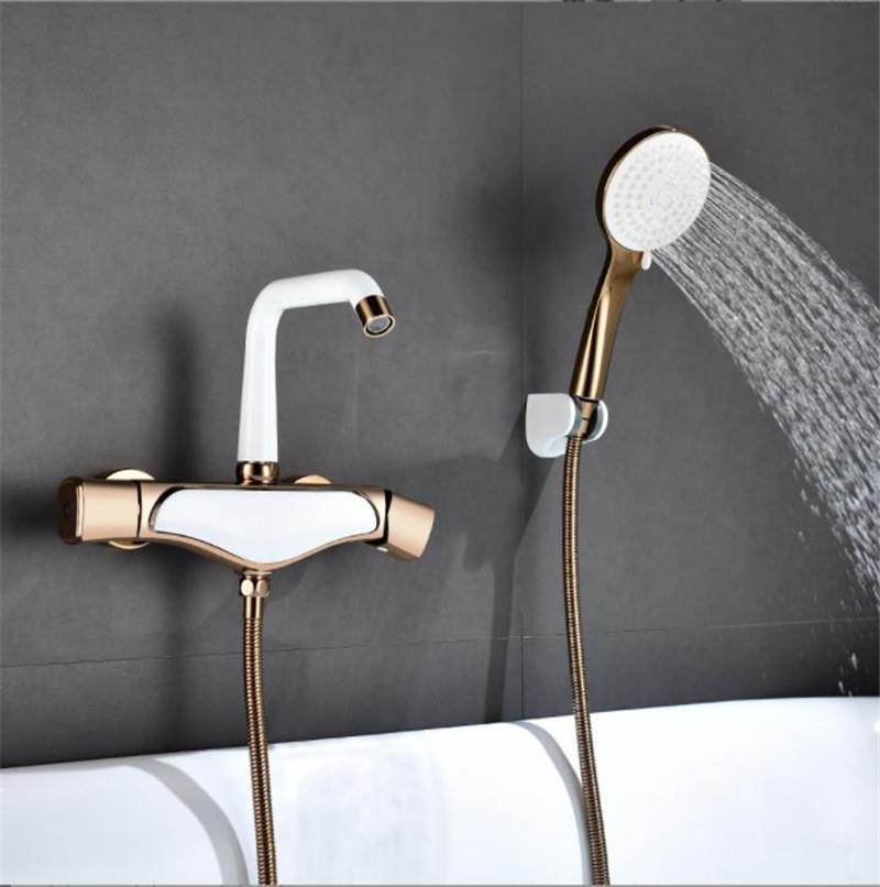 Tuqiu Bathtub Shower Set Wall Mounted Rose Gold White Bathtub Faucet, Bathroom Cold & Hot Bath and Shower Mixer Taps Brass