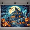 2D plane Halloween castle background cloth - Large Gothic haunted house scene with pumpkin lanterns.PMJ