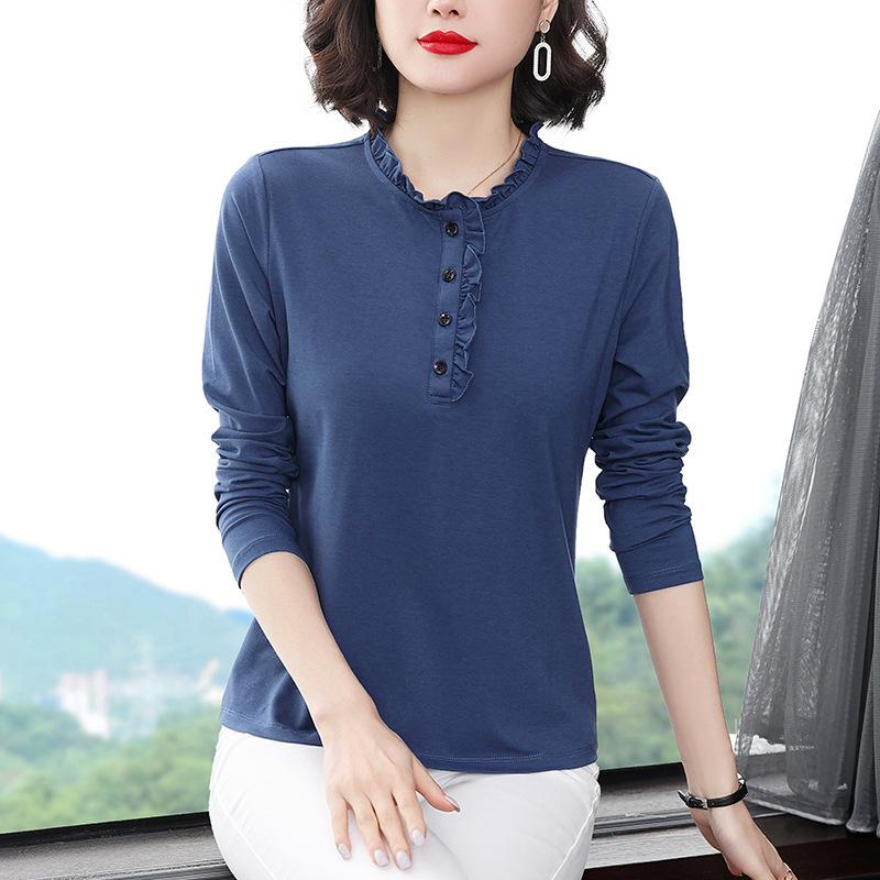 Women's Long-Sleeve Stand-Up Collar T-Shirts with Ruffled Collars, Loose Fit, Large Size - Perfect for Spring and Autumn