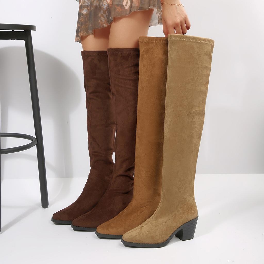 Suede Large Size High Heel Elastic Skinny Boots Women's Winter Thick Heel Skinny Over Knee Boots