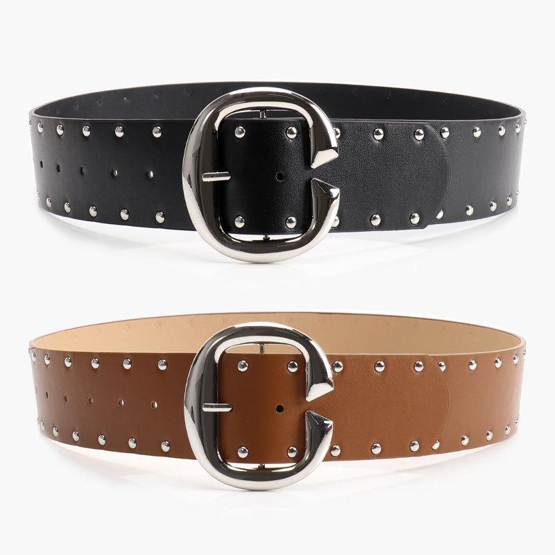 Hop Hip Inspired Women Leather Belt With Double Row Rivets And Large C Buckle